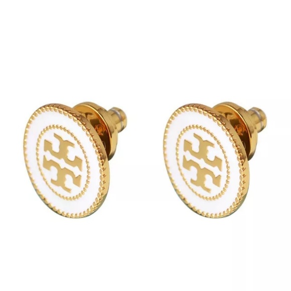 Tory Burch White & Gold Button Logo Stud Earrings - Picture 3 of 7